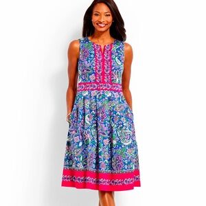 Talbots Womens Sleeveless Blue Pink Floral Paisley Fit & Flare Dress EUC Sz 12